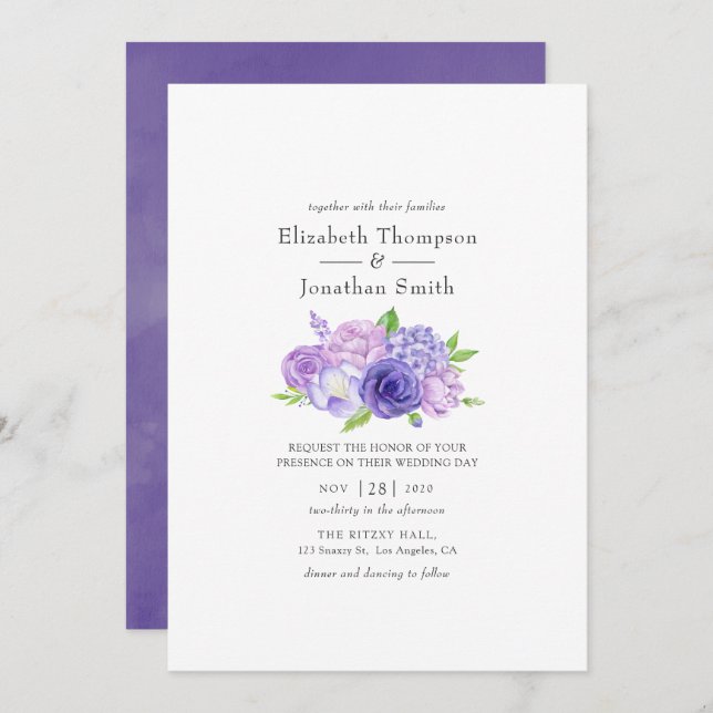 Invitation Mariage floral ultra violet (Devant / Derrière)