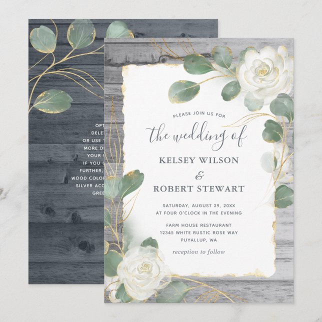 Invitation Mariage Floral Végétal Rustique Blanc Or Rose (Devant / Derrière)