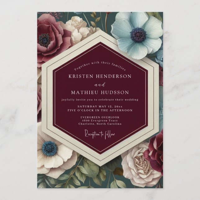 Invitation Mariage Floral Velours Bourgogne (Devant)