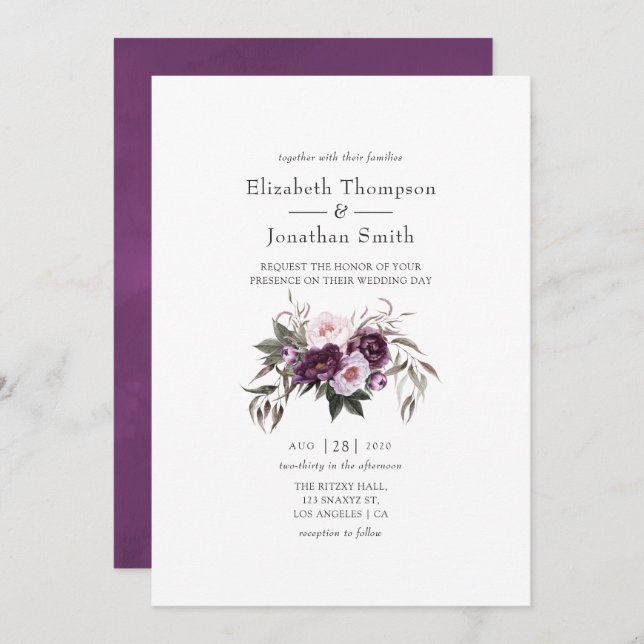 Invitation Mariage floral velours profond (Devant / Derrière)