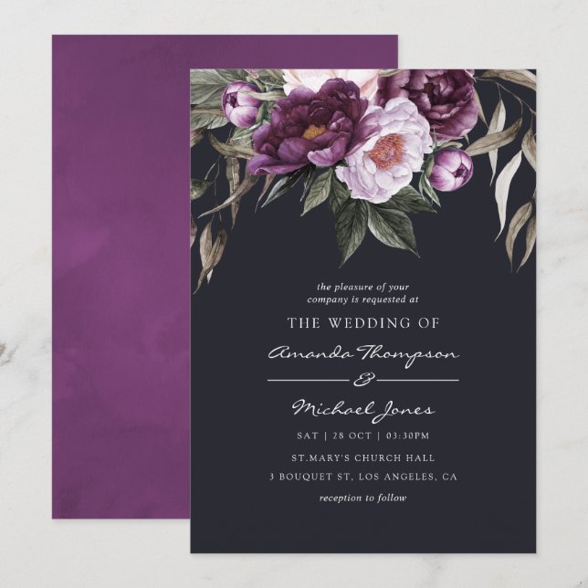 Invitation Mariage floral velours profond (Devant / Derrière)