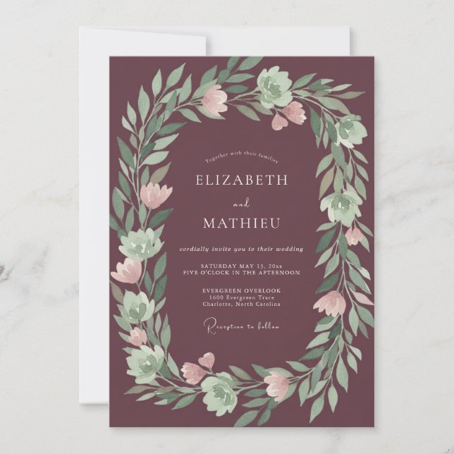 Invitation Mariage Floral Verdoyant au Plum (Devant)