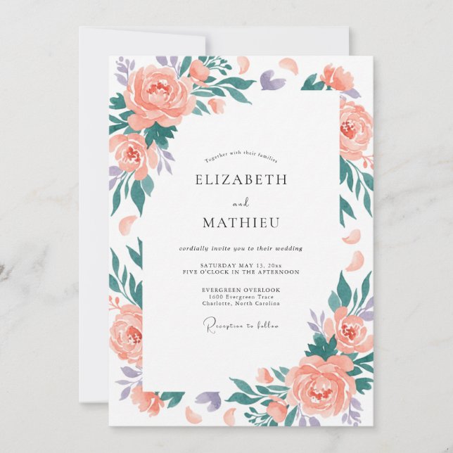 Invitation Mariage Floral Verdoyant aux Pêches (Devant)