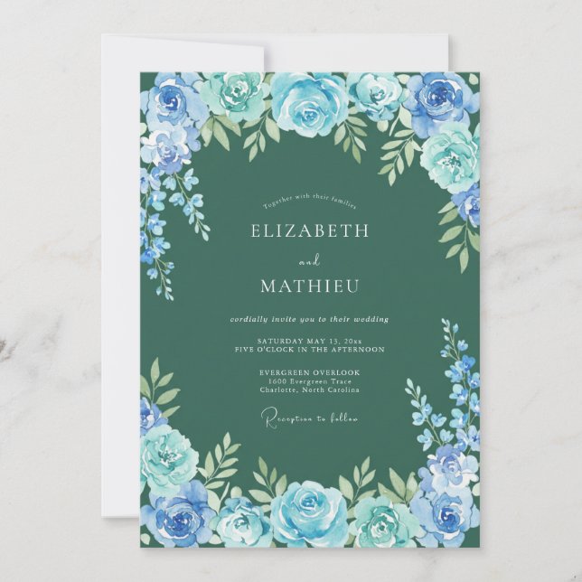 Invitation Mariage Floral Verdoyant Bleu (Devant)