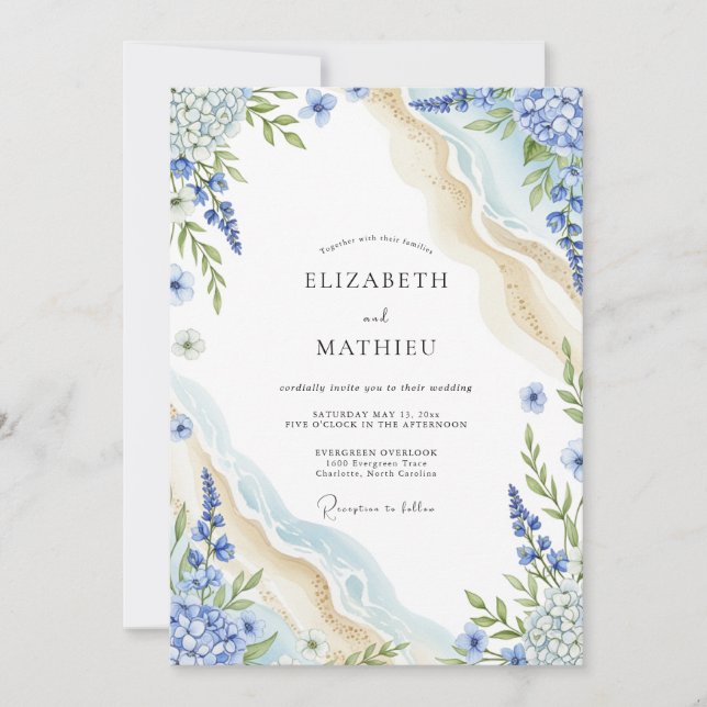 Invitation Mariage Floral Verdoyant Bleu (Devant)