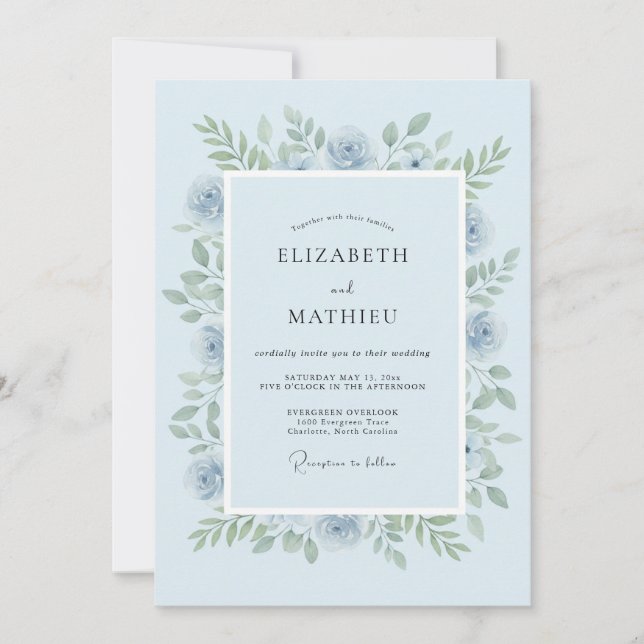 Invitation Mariage Floral Verdoyant Bleu Clair (Devant)