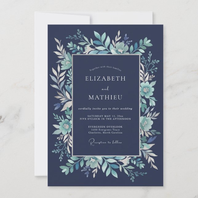 Invitation Mariage Floral Verdoyant Bleu Marine (Devant)