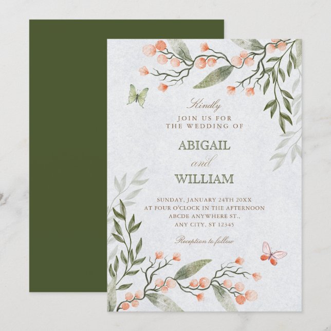 Invitation Mariage floral vert  (Devant / Derrière)