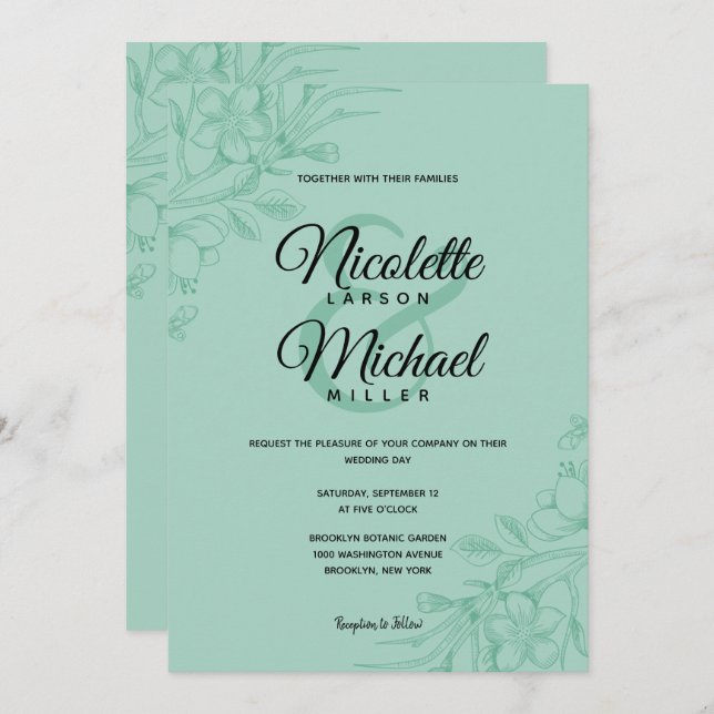 Invitation Mariage floral vert à la menthe (Devant / Derrière)