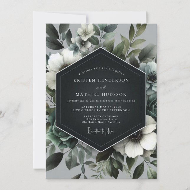 Invitation Mariage Floral Vert Ardoise (Devant)