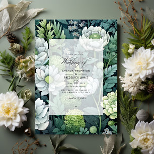 Invitation Mariage floral vert argenté, blanc et forestier