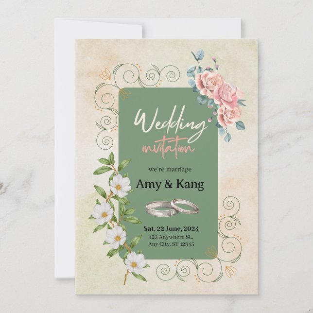 Invitation Mariage floral vert botanique blanc aquarelle (Devant)
