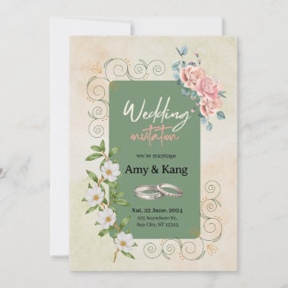 Invitation Mariage floral vert botanique blanc aquarelle