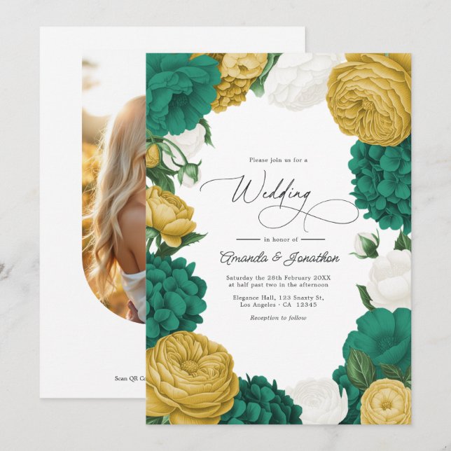 Invitation Mariage floral vert émeraude, blanc et or (Devant / Derrière)