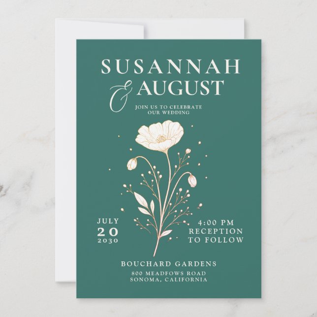 Invitation Mariage Floral Vert Émeraude Élégant (Devant)