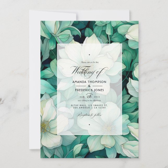 Invitation Mariage floral vert émeraude et argent (Devant)