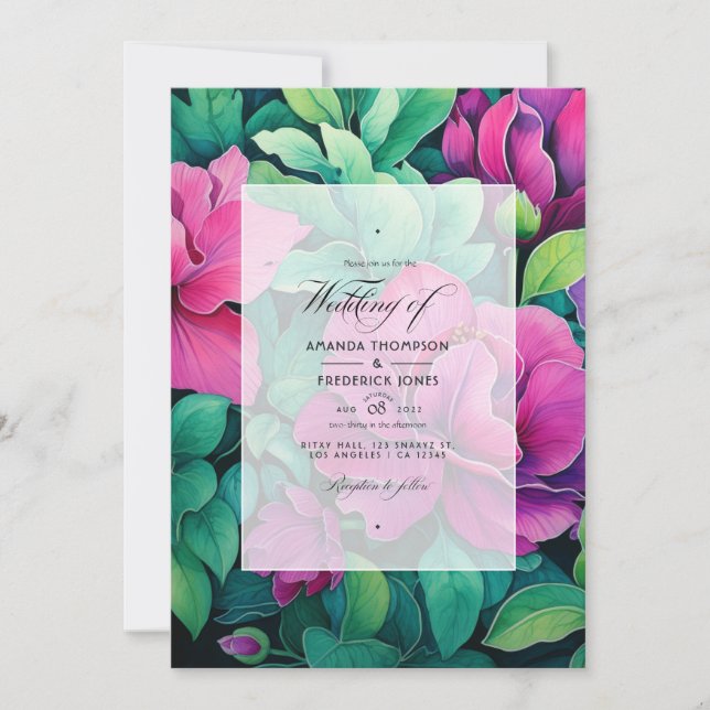 Invitation Mariage floral vert émeraude et fuchsia (Devant)