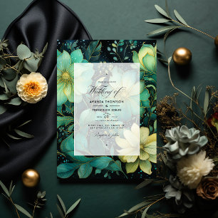 Invitation Mariage floral vert émeraude, or et noir