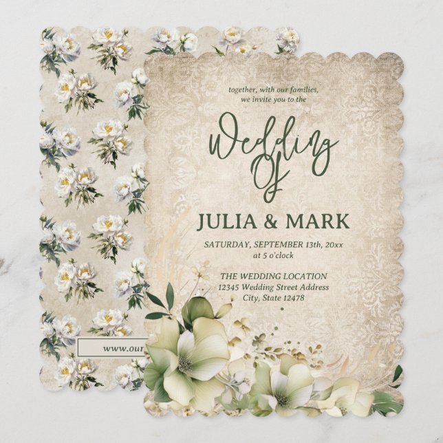 Invitation Mariage Floral Vert Et Beige Shabby Chic  (Devant / Derrière)