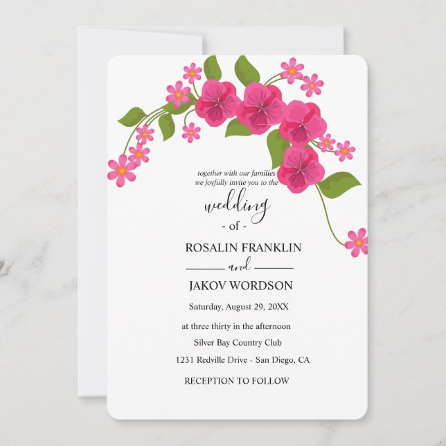 Invitation mariage floral vert et magenta clair (Devant)