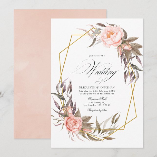 Invitation Mariage floral vert et rose blush (Devant / Derrière)