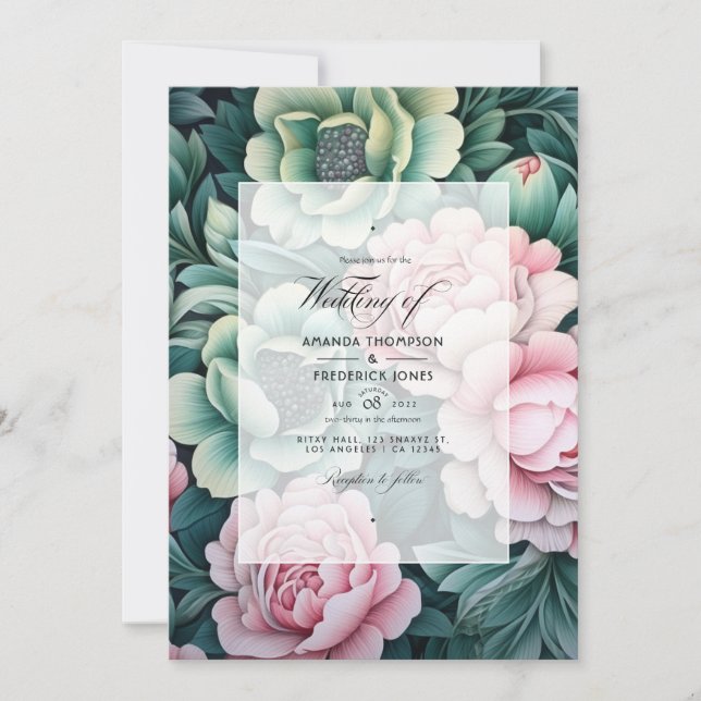 Invitation Mariage floral vert foncé et rose pastel (Devant)
