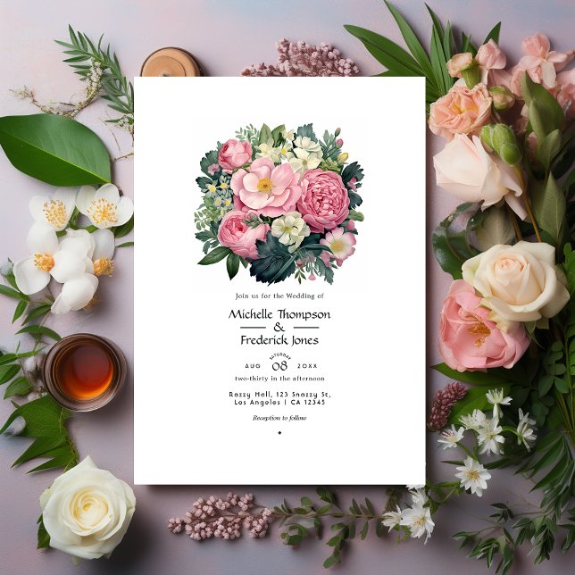 Invitation Mariage floral vert foncé et rose pastel (Créateur téléchargé)