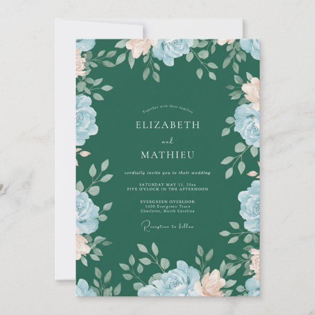 Invitation Mariage Floral Vert Forêt Bleu (Devant)