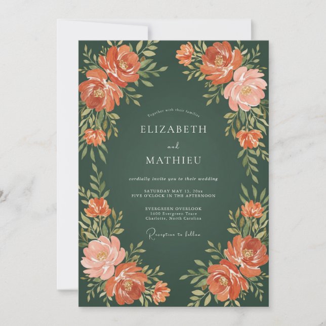 Invitation Mariage Floral Vert Forêt et Pêche (Devant)