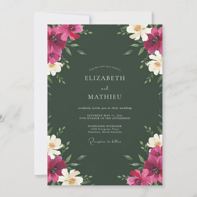 Invitation Mariage Floral Vert Forêt Magenta (Devant)