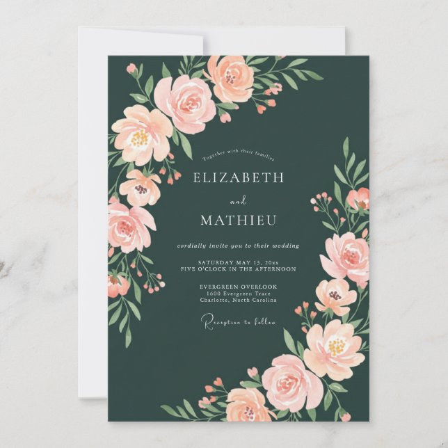 Invitation Mariage Floral Vert Forêt Romantique Abricot (Devant)