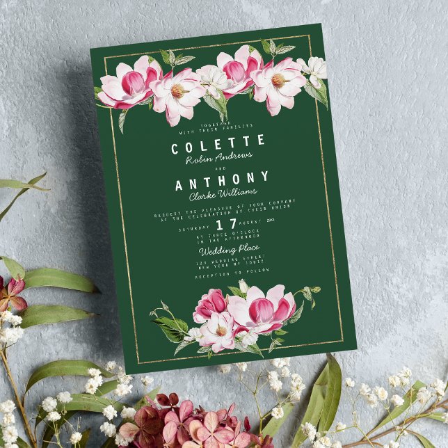 Invitation Mariage Floral Vert Forêt Rose or moderne (Modern Forest Green Pink Gold Floral Wedding)