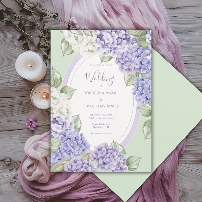 Invitation Mariage floral vert hydrangeas blancs violets (Créateur téléchargé)