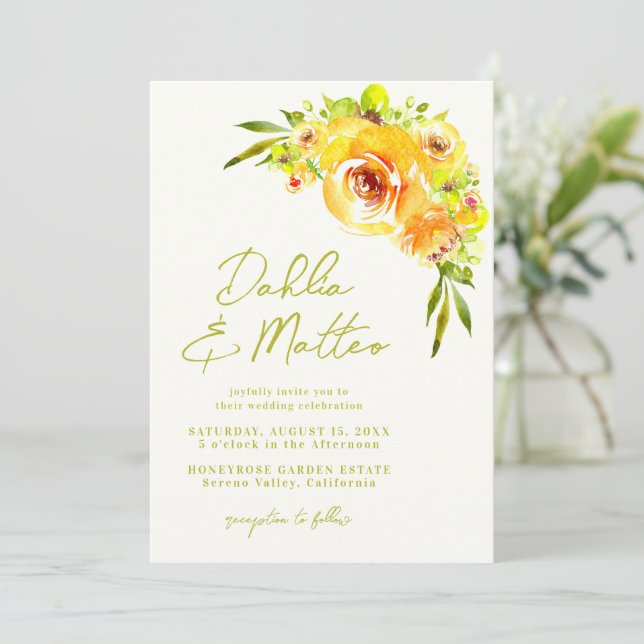 Invitation Mariage Floral Vert Jaune Rustique Manuscrit (Debout devant)