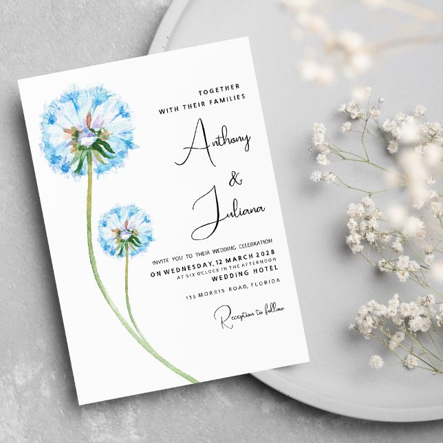 Invitation Mariage floral vert lilas bleu botanique (Botanic blue lilac green dandelion floral Wedding )