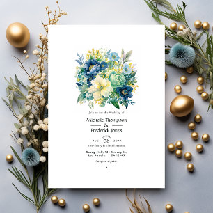Invitation Mariage floral vert, marine, bleu pâle et or