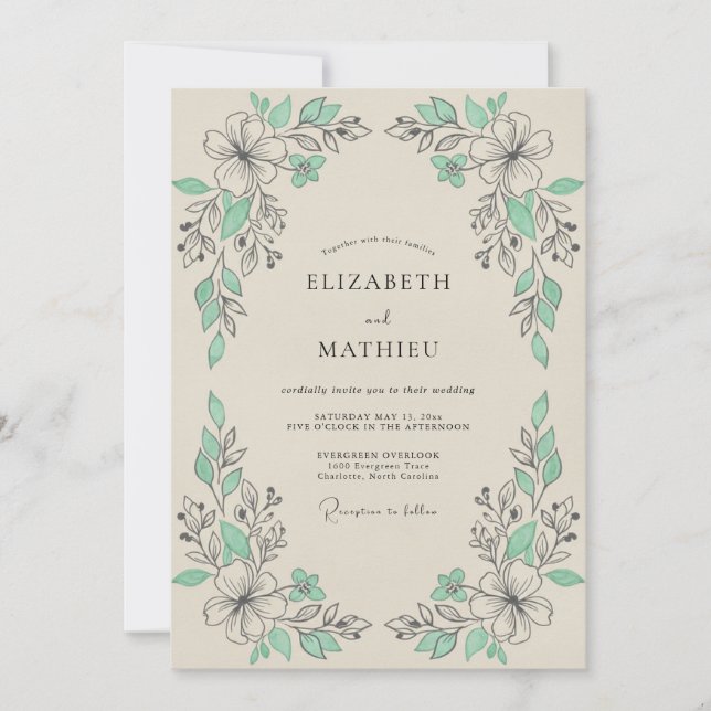 Invitation Mariage Floral Vert Menthe (Devant)