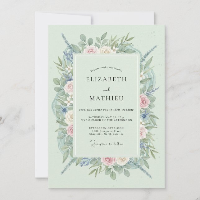 Invitation Mariage Floral Vert Menthe (Devant)