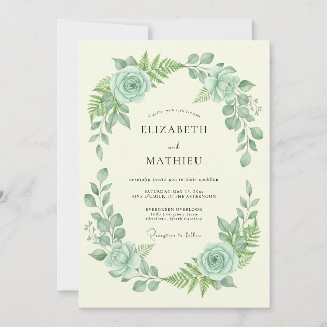 Invitation Mariage Floral Vert Menthe (Devant)