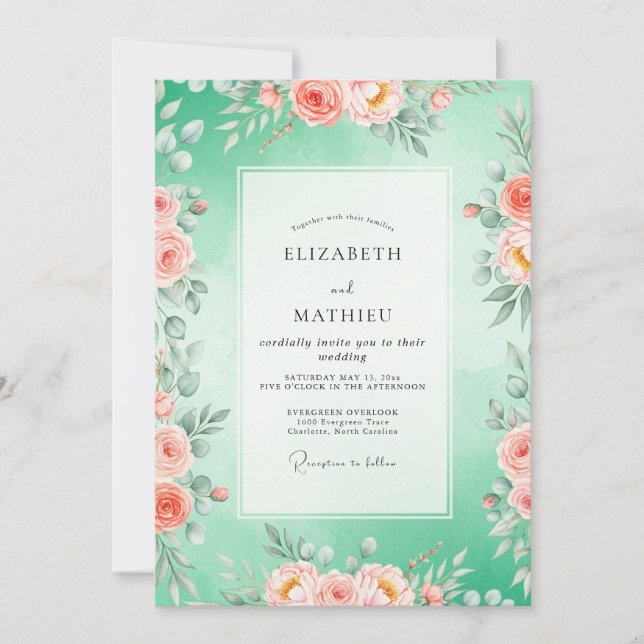 Invitation Mariage Floral Vert Menthe (Devant)