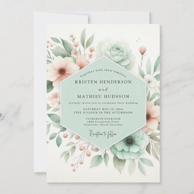 Invitation Mariage Floral Vert Menthe Caprice (Devant)