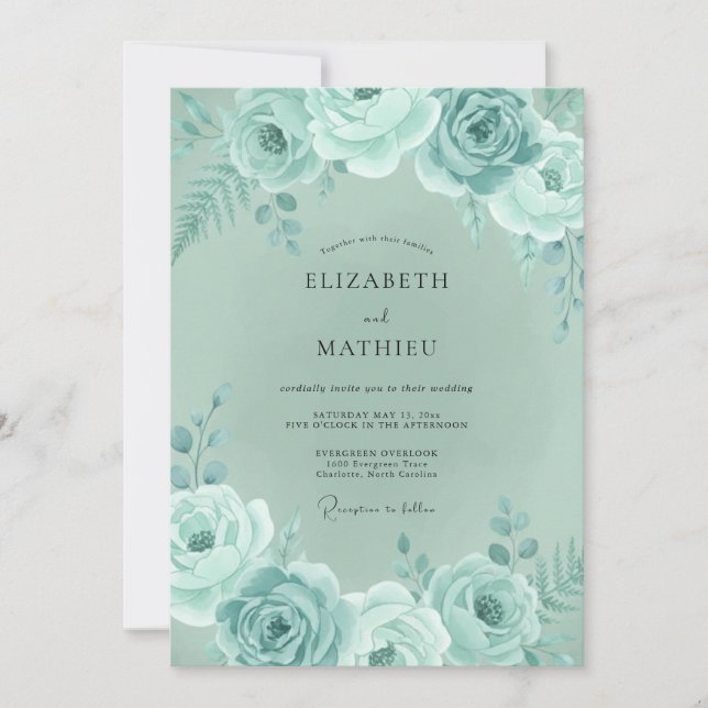 Invitation Mariage Floral Vert Menthe Fantaisie (Devant)