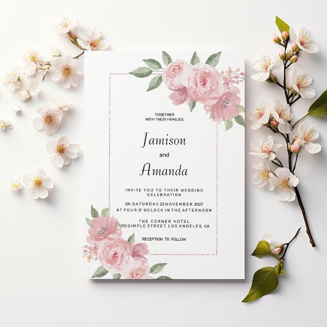 Invitation Mariage floral vert menthe pastel rose botanique (Botanical mint green pastel pink floral Wedding )