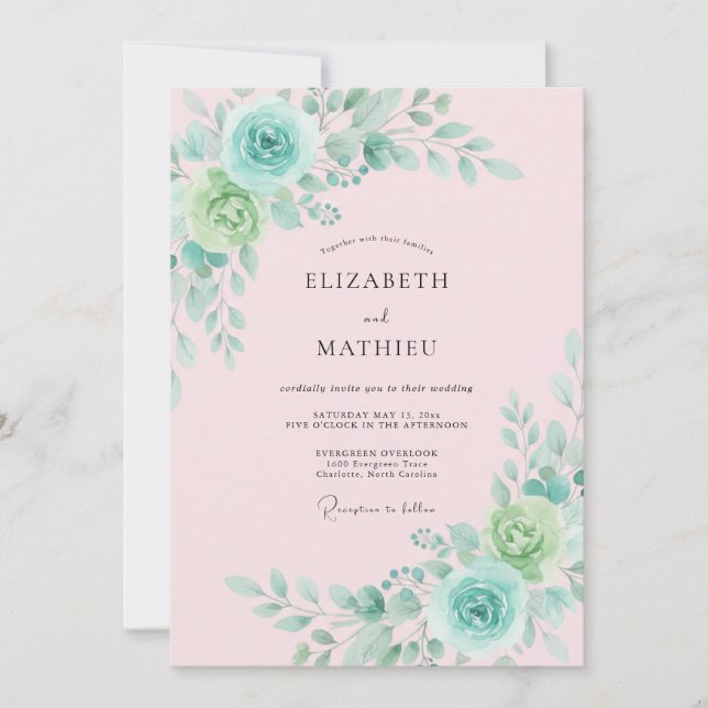 Invitation Mariage Floral Vert Menthe Romantique (Devant)