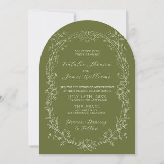 Invitation Mariage Floral Vert Olive Élégant Ancien Argent