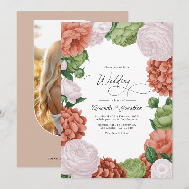 Invitation Mariage Floral Vert Olive et Pêche Clair Terracott (Devant / Derrière)