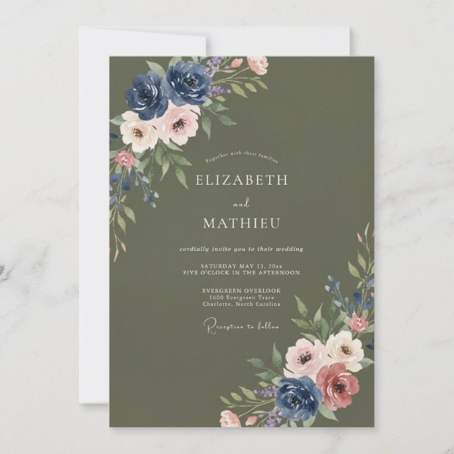 Invitation Mariage Floral Vert Olive Maussade (Devant)