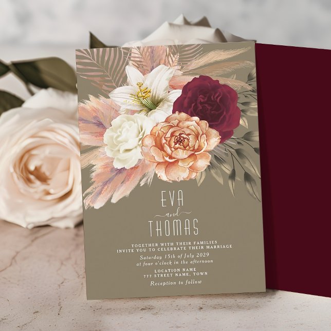 Invitation Mariage Floral Vert Olive Rustique & Bourgogne (Créateur téléchargé)