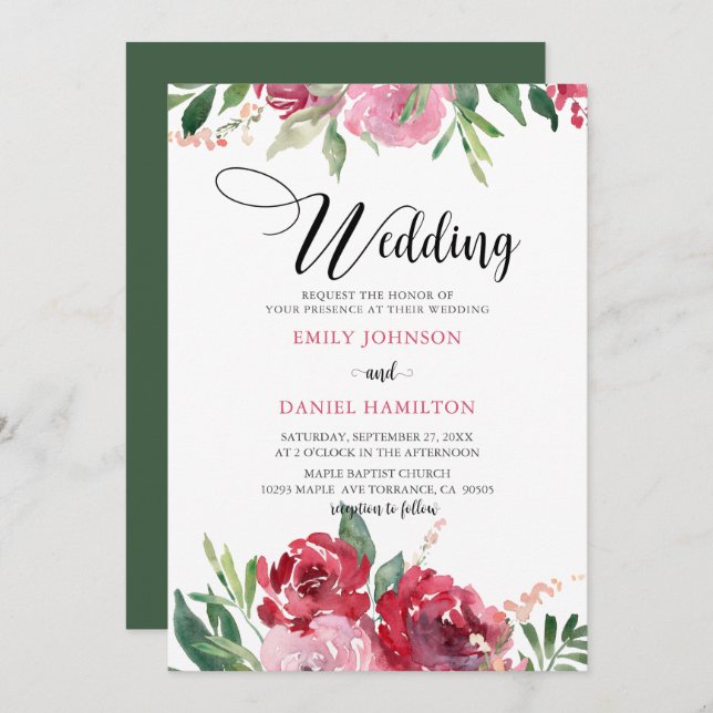 Invitation Mariage floral vert rose rouge Aquarelle (Devant / Derrière)