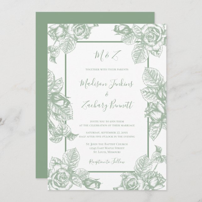 Invitation Mariage floral vert Sage (Devant / Derrière)